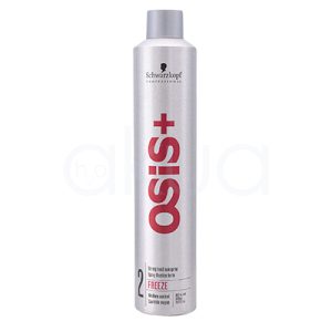 Laca Osis Freeze 500ml Envase de color plata metálico predominante, con letras grandes en rojo (el nombre "osis+" situado en vertical). Además, incluye detalles y textos secundarios en negro (como el logotipo Schwarzkopf Professional en la parte superior) y en blanco para instrucciones y numeración cerca de la base. H2o Akua