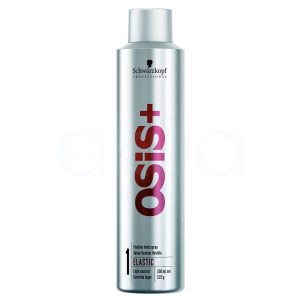 Laca Osis Elastic 300ml Envase de color plata metálico predominante, con letras grandes en rojo (el nombre "osis+" situado en vertical). Además, incluye detalles y textos secundarios en negro (como el logotipo Schwarzkopf Professional en la parte superior) y en blanco para instrucciones y numeración cerca de la base. H2o Akua