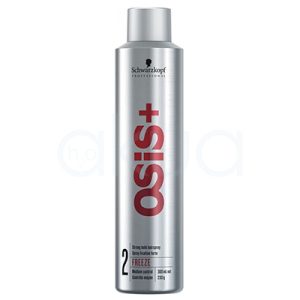 Laca Osis Freeze 300ml Envase de color plata metálico predominante, con letras grandes en rojo (el nombre "osis+" situado en vertical). Además, incluye detalles y textos secundarios en negro (como el logotipo Schwarzkopf Professional en la parte superior) y en blanco para instrucciones y numeración cerca de la base. H2o Akua