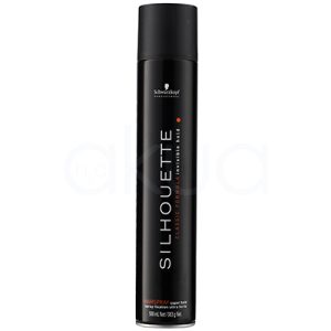 Laca Silhouette fuerte Schwarkopf 500ml Envase de color negro mate con detalles en blanco y naranja. El nombre de la marca y el producto (“Schwarzkopf Silhouette Classic Formula Invisible Hold”) aparece en letras blancas, mientras que la frase “CLASSIC FORMULA” y la indicación “HAIRSPRAY super hold” están resaltadas en naranja y el tapón también es negro. H2o Akua