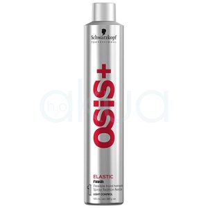 Laca Osis Elastic 500ml Envase de color plata metálico predominante, con letras grandes en rojo (el nombre "osis+" situado en vertical). Además, incluye detalles y textos secundarios en negro (como el logotipo Schwarzkopf Professional en la parte superior) y en blanco para instrucciones y numeración cerca de la base. H2o Akua