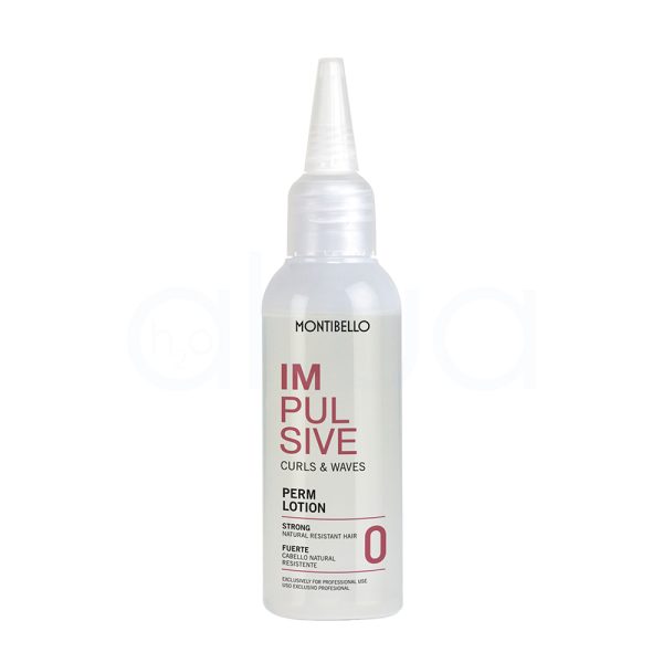 Locion 0 Montibello cabello natural fuerte 75ml de color blanco perlado o plata muy claro en todo el cuerpo de la botella, incluida la tapa. Los textos principales, como el nombre “IMPULSIVE” y descripciones en varios idiomas, están impresos en rojo intenso, mientras que el logotipo de la marca "Montibello" está en negro en la parte superior. También hay detalles informativos adicionales en negro. H2o Akua