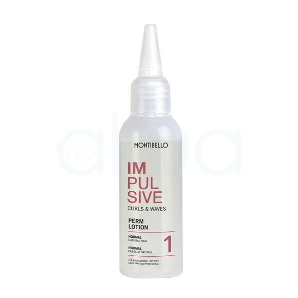 Locion 1 Montibello cabello normal natural 75ml de color blanco perlado o plata muy claro en todo el cuerpo de la botella, incluida la tapa. Los textos principales, como el nombre “IMPULSIVE” y descripciones en varios idiomas, están impresos en rojo intenso, mientras que el logotipo de la marca "Montibello" está en negro en la parte superior. También hay detalles informativos adicionales en negro. H2o Akua