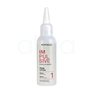 Locion 1 Montibello cabello normal natural 75ml de color blanco perlado o plata muy claro en todo el cuerpo de la botella, incluida la tapa. Los textos principales, como el nombre “IMPULSIVE” y descripciones en varios idiomas, están impresos en rojo intenso, mientras que el logotipo de la marca "Montibello" está en negro en la parte superior. También hay detalles informativos adicionales en negro. H2o Akua