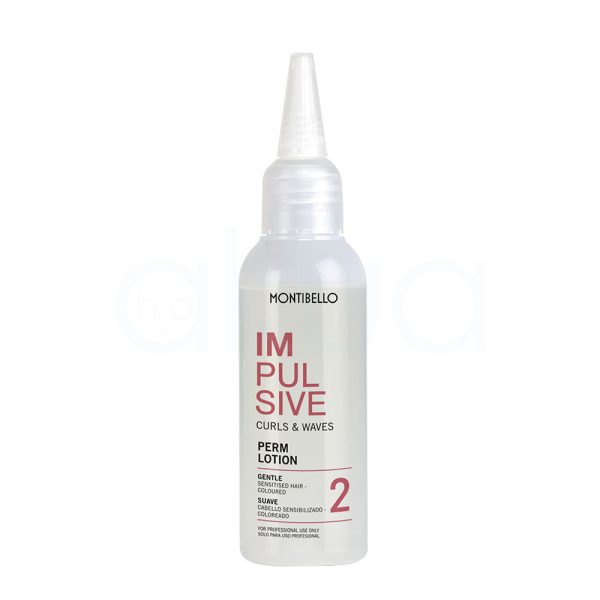 Locion 2 Montibello cabello sensibilizado suave 75ml de color blanco perlado o plata muy claro en todo el cuerpo de la botella, incluida la tapa. Los textos principales, como el nombre “IMPULSIVE” y descripciones en varios idiomas, están impresos en rojo intenso, mientras que el logotipo de la marca "Montibello" está en negro en la parte superior. También hay detalles informativos adicionales en negro. H2o Akua
