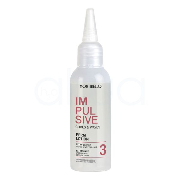 Locion 3 Montibello cabello sensibilizado extra suave 75ml envase de color blanco perlado o plata muy claro en todo el cuerpo de la botella, incluida la tapa. Los textos principales, como el nombre “IMPULSIVE” y descripciones en varios idiomas, están impresos en rojo intenso, mientras que el logotipo de la marca "Montibello" está en negro en la parte superior. También hay detalles informativos adicionales en negro. H2o Akua