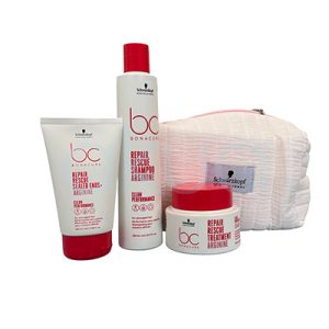 Lote Bonacure Repair Rescue Schwarzkopf los colores Blanco y rojo predominan en los envases, con detalles en negro en los logotipos y textos. Presentación: Incluye un neceser blanco acolchado, ideal para viajes o como set de regalo H2o Akua