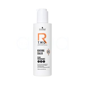 Mascarilla sin aclarado Bonacure R-TWO 145ml El color predominante del envase es blanco. Los textos y elementos gráficos incluyen detalles en negro (para la información), un logotipo en negro y un elemento decorativo llamativo en naranja (letra "R" y algunos detalles geométricos). La tapa del envase también es de color blanco translúcido y mate. H2o Akua