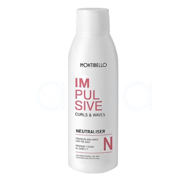 Neutralizador Impulsive Montibello 100ml. El envase tiene un color predominantemente blanco, con detalles y textos en negro y rosa. El nombre y la marca están escritos en negro, mientras que las palabras “IMPULSIVE” y algunas secciones como la letra “N” resaltan en color rosa. El tapón también es blanco. H2o Akua