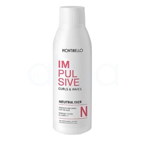 Neutralizador Impulsive Montibello 100ml. El envase tiene un color predominantemente blanco, con detalles y textos en negro y rosa. El nombre y la marca están escritos en negro, mientras que las palabras “IMPULSIVE” y algunas secciones como la letra “N” resaltan en color rosa. El tapón también es blanco. H2o Akua