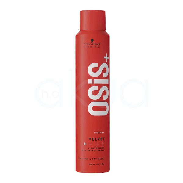 Spray Velvet Osis 200ml El color predominante del producto en la imagen es rojo metálico. El envase tiene un acabado brillante, con detalles en blanco para el nombre del producto y la información principal, y en negro para el logotipo de “Schwarzkopf Professional” en la parte superior. H2o Akua