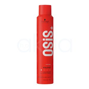 Spray Velvet Osis 200ml El color predominante del producto en la imagen es rojo metálico. El envase tiene un acabado brillante, con detalles en blanco para el nombre del producto y la información principal, y en negro para el logotipo de “Schwarzkopf Professional” en la parte superior. H2o Akua