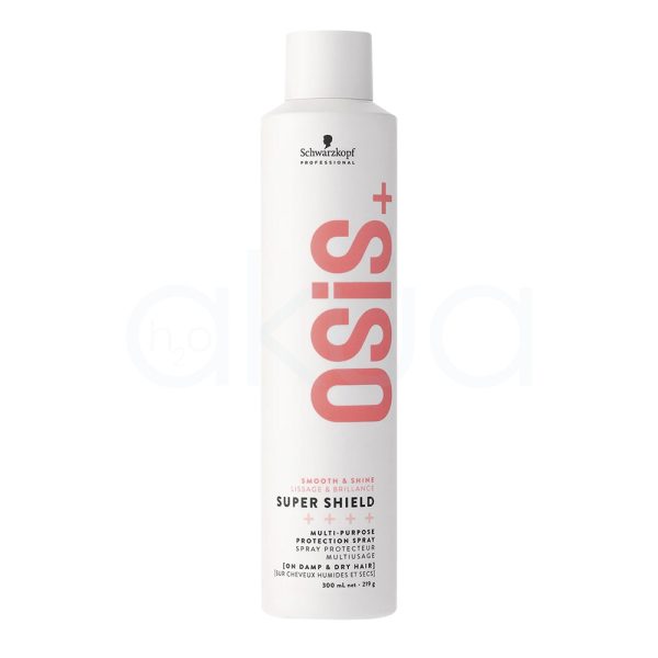 Spray super shield Osis 300ml El envase es completamente blanco, lo que transmite una sensación de limpieza y modernidad. El nombre "osis+" está impreso en grande, en posición vertical, con un tono rojo coral llamativo que destaca sobre el fondo claro. El logotipo de la marca y parte del texto descriptivo aparecen en negro, asegurando buena legibilidad y contraste. H2o Akua
