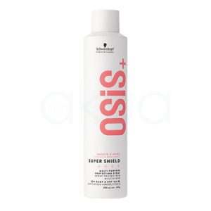 Spray super shield Osis 300ml El envase es completamente blanco, lo que transmite una sensación de limpieza y modernidad. El nombre "osis+" está impreso en grande, en posición vertical, con un tono rojo coral llamativo que destaca sobre el fondo claro. El logotipo de la marca y parte del texto descriptivo aparecen en negro, asegurando buena legibilidad y contraste. H2o Akua