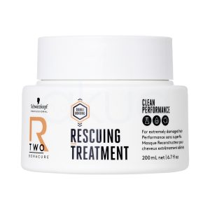 Tratamiento Reparador Bonacure R-TWO 200ml Principalmente de color blanco, tanto en el cuerpo como en la tapa. Destaca un diseño limpio y profesional, con detalles gráficos y textos en negro (información y logotipo Schwarzkopf Professional), así como una letra "R" y un hexágono en naranja. H2o Akua