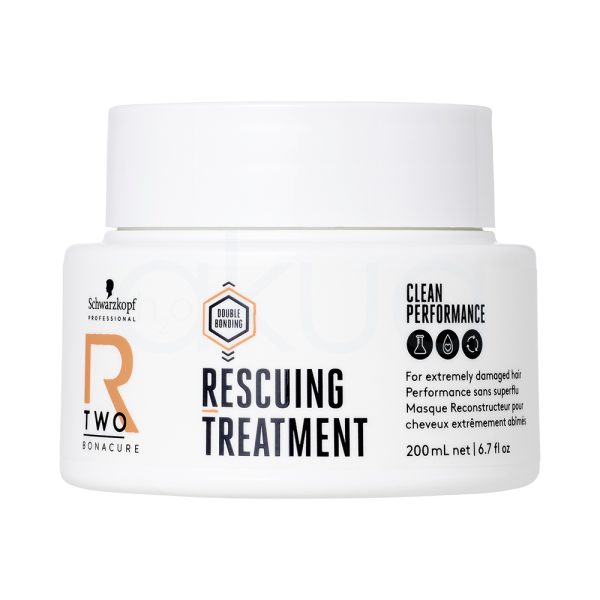 Tratamiento Reparador Bonacure R-TWO 200ml Principalmente de color blanco, tanto en el cuerpo como en la tapa. Destaca un diseño limpio y profesional, con detalles gráficos y textos en negro (información y logotipo Schwarzkopf Professional), así como una letra "R" y un hexágono en naranja. H2o Akua