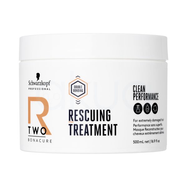 Tratamiento Reparador Bonacure R-TWO 500ml Principalmente de color blanco, tanto en el cuerpo como en la tapa. Destaca un diseño limpio y profesional, con detalles gráficos y textos en negro (información y logotipo Schwarzkopf Professional), así como una letra "R" y un hexágono en naranja. H2o Akua