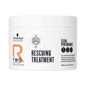 Tratamiento Reparador Bonacure R-TWO 500ml Principalmente de color blanco, tanto en el cuerpo como en la tapa. Destaca un diseño limpio y profesional, con detalles gráficos y textos en negro (información y logotipo Schwarzkopf Professional), así como una letra "R" y un hexágono en naranja. H2o Akua