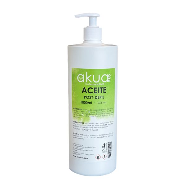 Aceite post depil 1000 H2oAkua Envase blanco de gran tamaño con dosificador tipo bomba, etiquetado como Akua Pro Aceite Post-Depil 1000ml (33.6 fl oz)
