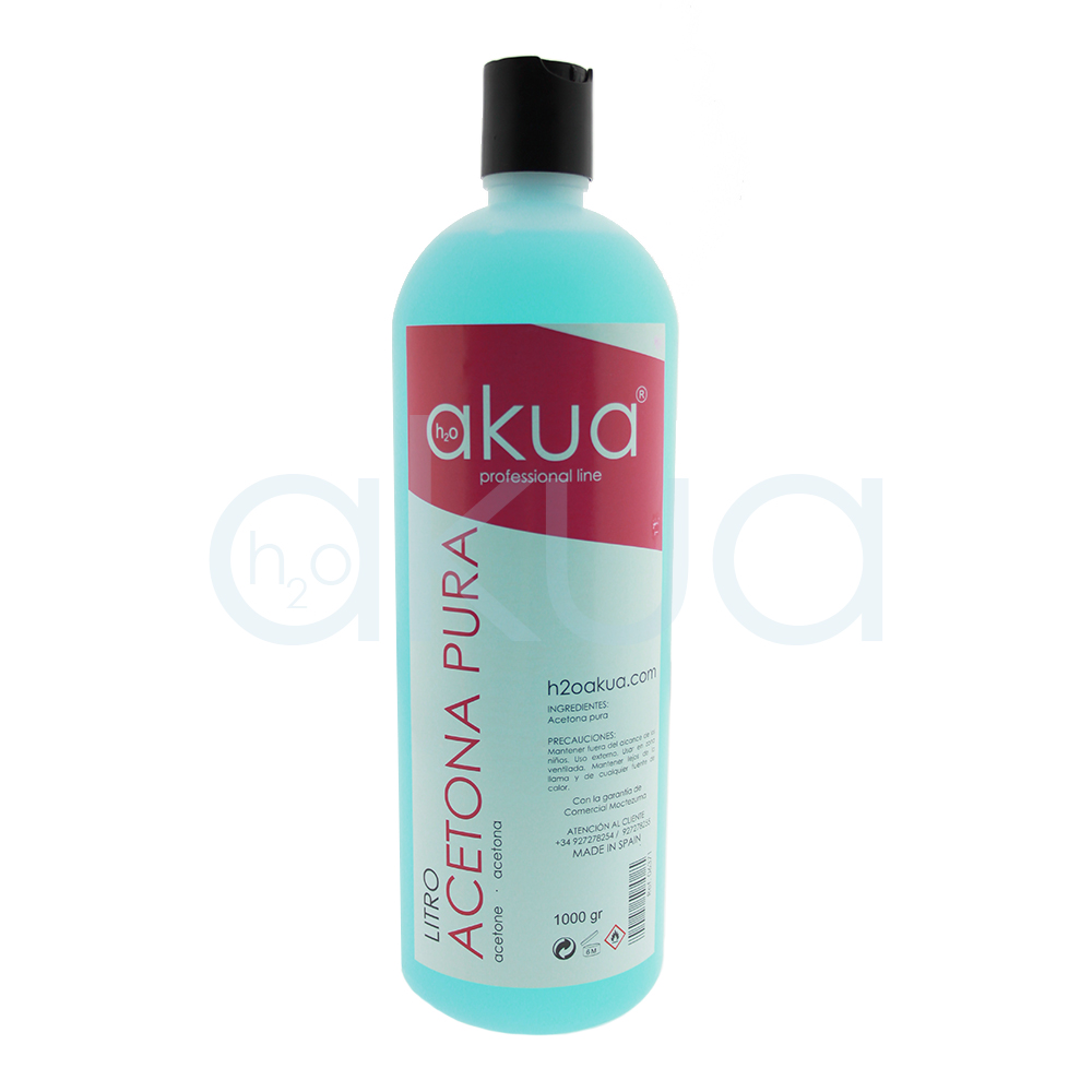 Acetona pura 1l H2oAkua Se presenta en envase de un litro de acetona pura de la marca Akua, en formato profesional. El líquido es de color azul claro y el recipiente tiene un tapón negro de seguridad y una etiqueta roja y blanca donde se indica el nombre del producto y las instrucciones de uso.
