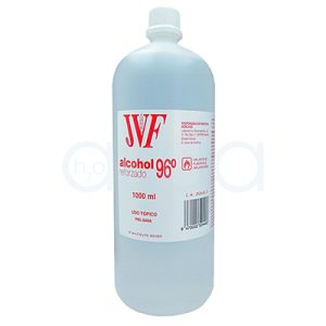 Alcohol 96º 1000ml El envase es translúcido, el líquido es incoloro y la etiqueta es blanca con letras rojas que especifican el tipo de alcohol, el grado alcohólico y la recomendación de "uso tópico". H2o Akua