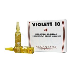 Ampollas Violett- 10 Regeneradora 24 unid El color predominante es blanco, correspondiente a la caja del producto. El texto principal y detalles gráficos están en negro y rojo, mientras que las ampollas del producto son de vidrio translúcido amarillo, lo que les da un tono dorado. Así, los colores más destacados son blanco (caja), negro (texto), rojo (detalles) y amarillo dorado (ampollas). H2o Akua