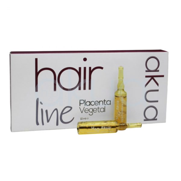 Ampollas anti caida akua 10x30 La imagen presenta una caja principalmente de color blanco con letras grandes en tonos burdeos (granate oscuro) y gris. El texto principal “hair line” aparece en burdeos y gris, mientras que la palabra “akua” está escrita en burdeos en orientación vertical. Las ampollas frontales son de color ámbar translúcido (amarillo dorado), lo que resalta sobre el fondo claro. H2o Akua