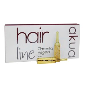 Ampollas anti caida akua 10x30 La imagen presenta una caja principalmente de color blanco con letras grandes en tonos burdeos (granate oscuro) y gris. El texto principal “hair line” aparece en burdeos y gris, mientras que la palabra “akua” está escrita en burdeos en orientación vertical. Las ampollas frontales son de color ámbar translúcido (amarillo dorado), lo que resalta sobre el fondo claro. H2o Akua