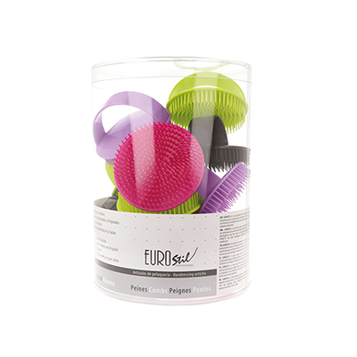 Bote 12 cepillos masajeadores colore senvase cilíndrico transparente que contiene varios cepillos manuales de silicona en colores llamativos (fucsia, verde, negro y lila). H2o Akua