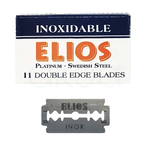 Cajita cuchilla elios 11 unidades El color predominante es blanco y azul oscuro. El texto "ELIOS" está destacado en naranja con una sombra gris, mientras que otros textos son en gris. H2o Akua
