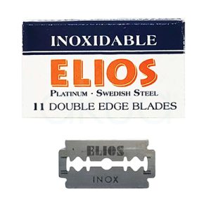 Cajita cuchilla elios 11 unidades El color predominante es blanco y azul oscuro. El texto "ELIOS" está destacado en naranja con una sombra gris, mientras que otros textos son en gris. H2o Akua