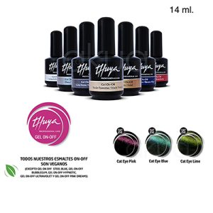Esmalte semipermanente gel cat eye thuya on off color 14ml Se observan varios frascos negros alineados, cada uno con la etiqueta de "Thuya Gel On-Off", indicando variedad de colores y acabados profesionales H2o Akua
