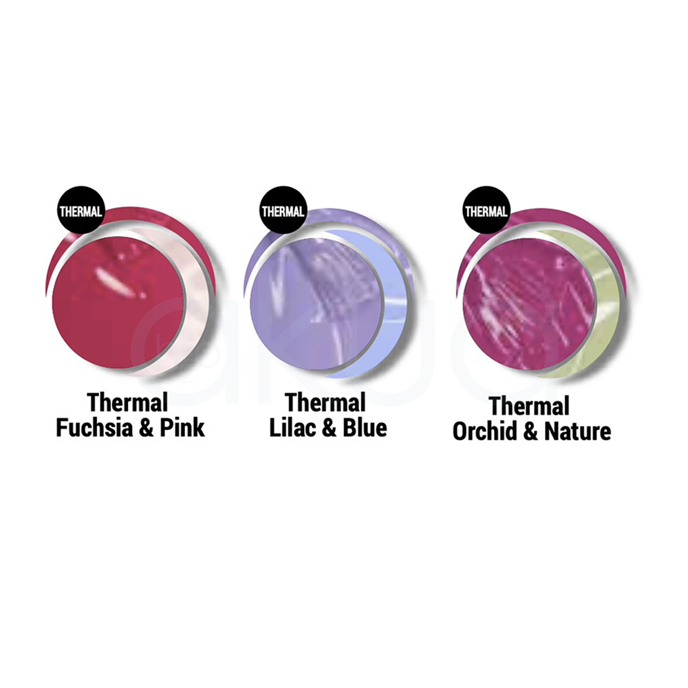 Esmalte semipermanente gel thermal Thuya gel on off 14ml Se observan varios frascos negros alineados, cada uno con la etiqueta de "Thuya Gel On-Off", indicando variedad de colores y acabados profesionales H2o Akua