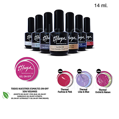 Esmalte semipermanente gel thermal Thuya gel on off 14ml Se observan varios frascos negros alineados, cada uno con la etiqueta de "Thuya Gel On-Off", indicando variedad de colores y acabados profesionales H2o Akua
