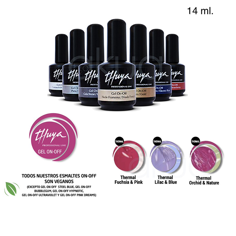 Esmalte semipermanente gel thermal Thuya gel on off 14ml Se observan varios frascos negros alineados, cada uno con la etiqueta de "Thuya Gel On-Off", indicando variedad de colores y acabados profesionales H2o Akua