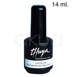 Esmalte semipermanente gel thuya on offf base coat 14ml El envase es de color negro con una etiqueta blanca que indica el nombre y uso del producto. H2o Akua