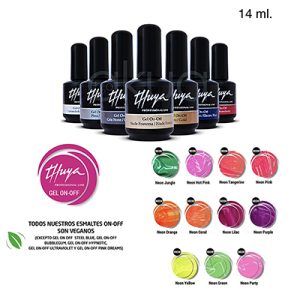 Esmalte semipermanente gel neon Thuya on off color 14ml Se observan varios frascos negros alineados, cada uno con la etiqueta de "Thuya Gel On-Off", indicando variedad de colores y acabados profesionales H2o Akua