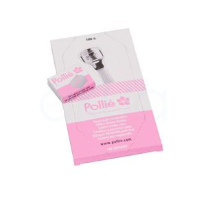 Expositor 100 Hojas cortacallos pollie El color predominantemente en tonos rosa y beige claro. La parte superior de la caja es beige con letras y detalles en rosa intenso, incluyendo el logo “Pollié” y una flor. La parte inferior y uno de los laterales de la caja son de un rosa más fuerte. También hay una ilustración de una cuchilla en color gris metálico en el centro de la caja. H2o Akua