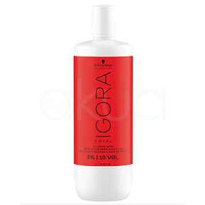 Oxigenada 10vol Igora 1000ml envase cilíndrico, de color blanco con una etiqueta roja que cubre la mayor parte de la superficie H2o Akua