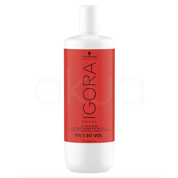 Oxigenada 30vol Igora 1000ml envase cilíndrico, de color blanco con una etiqueta roja que cubre la mayor parte de la superficie H2o Akua
