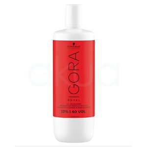Oxigenada 40vol Igora 1000ml envase cilíndrico, de color blanco con una etiqueta roja que cubre la mayor parte de la superficie H2o Akua