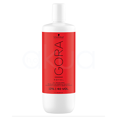 Oxigenada 40vol Igora 1000ml envase cilíndrico, de color blanco con una etiqueta roja que cubre la mayor parte de la superficie H2o Akua