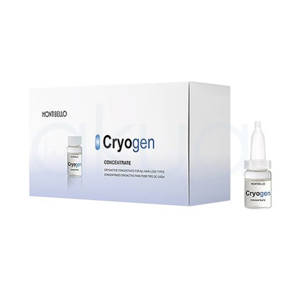 Concentrado Cryogen Montibello 10x7ml El fondo es mayormente blanco con un suave degradado hacia azul muy claro en la parte inferior de la caja. El texto principal ("Cryogen") está en negro y azul, con “gen” resaltado en azul. Los frascos y la caja tienen detalles translúcidos y grises. H2o Akua