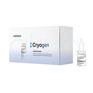 Concentrado Cryogen Montibello 10x7ml El fondo es mayormente blanco con un suave degradado hacia azul muy claro en la parte inferior de la caja. El texto principal ("Cryogen") está en negro y azul, con “gen” resaltado en azul. Los frascos y la caja tienen detalles translúcidos y grises. H2o Akua