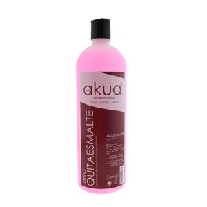 Quitaesmaltes 1l H2oAkua Envase de quitaesmalte profesional de la marca Akua, con capacidad de un litro. El líquido es de color rosa y el envase tiene una etiqueta principal en tonos marrón y rosa donde se destaca el uso para uñas, así como el nombre y datos del producto. El tapón es de color negro, diseñado para facilitar el vertido y evitar derrames.