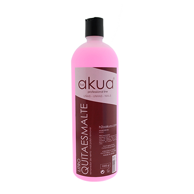 Quitaesmaltes 1l H2oAkua Envase de quitaesmalte profesional de la marca Akua, con capacidad de un litro. El líquido es de color rosa y el envase tiene una etiqueta principal en tonos marrón y rosa donde se destaca el uso para uñas, así como el nombre y datos del producto. El tapón es de color negro, diseñado para facilitar el vertido y evitar derrames.