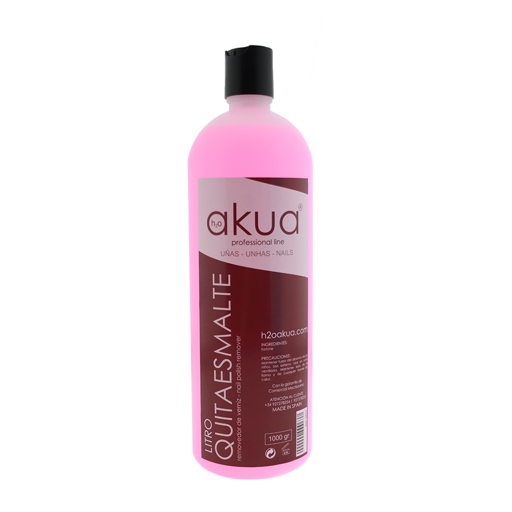 Quitaesmaltes 1l H2oAkua Envase de quitaesmalte profesional de la marca Akua, con capacidad de un litro. El líquido es de color rosa y el envase tiene una etiqueta principal en tonos marrón y rosa donde se destaca el uso para uñas, así como el nombre y datos del producto. El tapón es de color negro, diseñado para facilitar el vertido y evitar derrames.