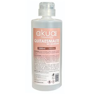 Quitaesmaltes 1000ml sin acetona H2oAkua El envase es transparente, con etiqueta rosa y blanca, y un tapón dosificador de tipo “push” para facilitar la aplicación y evitar derrames.