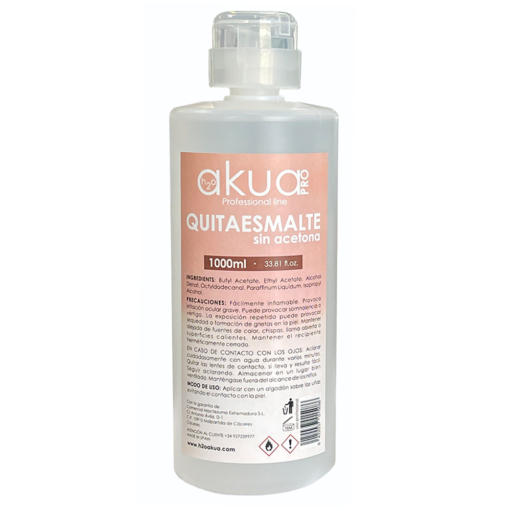 Quitaesmaltes 1000ml sin acetona H2oAkua El envase es transparente, con etiqueta rosa y blanca, y un tapón dosificador de tipo “push” para facilitar la aplicación y evitar derrames.