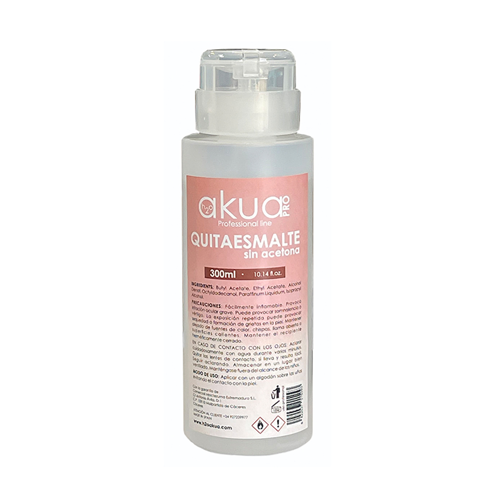 Quitaesmaltes 300ml sin acetona H2oAkua El envase es transparente, con etiqueta rosa y blanca, y un tapón dosificador de tipo “push” para facilitar la aplicación y evitar derrames.